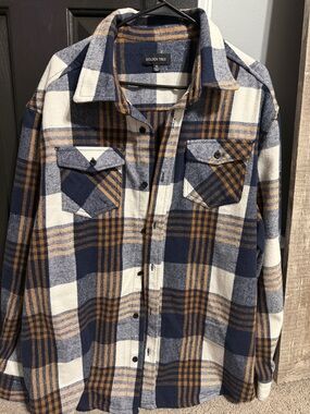 Men's Navy and Tan Plaid Button-Down Shirt